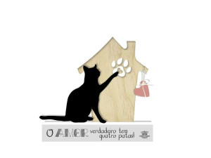 ENFEITE DE MESA COM APLIQUE CASINHA COM GATO...20X16X3,5