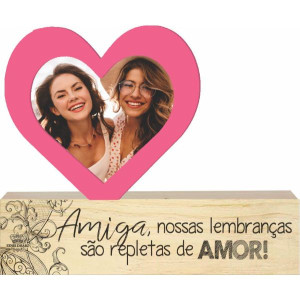 MADEIRINHA CRU COM PORTA RETRATO CORAÇÃO ROSA...AMIGA 16,5X20