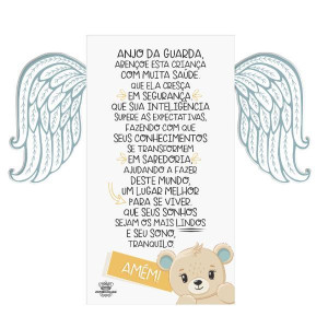PLACA DE MESA COM ASAS ORAÇÃO ANJO DA GUARDA BABY URSO AZUL 18X20