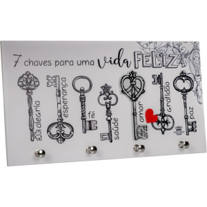 PORTA-CHAVE COM APLIQUE 7 CHAVES PARA UMA VIDA FELIZ...15,5X28,5