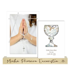 PORTA-RETRATO ELASTICO COM PLACA E MENSAGEM... MINHA PRIMEIRA EUCARISTIA 19X24