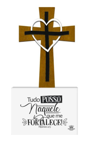 PLACA DE MESA COM APLIQUE E CRUZ TUDO POSSO...MEMÓRIA 25X14