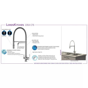 Misturador Monocomando Cozinha Loren Kitchen com Saída P/ Água Filtrada 2264 C76 Lorenzetti - 