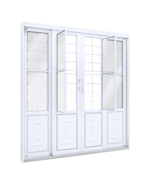 Porta de correr central com postigo 2 folhas móveis e 2 fixas e grade quadrada 213 x 200  - 