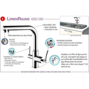 Misturador Monomix para Cozinha Lorenzetti LorenRound 4263 C60 - 