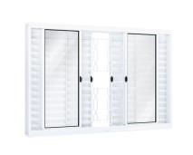 Janela veneziana de correr central 4 folhas móveis e 2 fixas com grade mosaico 100 x 150