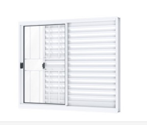 Janela veneziana de correr lateral 2 folhas móveis e 1 fixa com grade 100 x 150