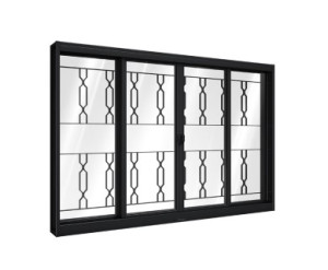 Janela riobras de correr central preta  2 folhas móveis e 2 fixas com grade mosaico 100 x 120 - 