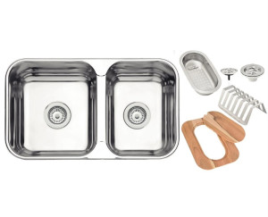 Cuba tramontina dupla retangular inox 69x40 + tabua de madeira + cesto coador inox + escorredor Cuba tramontina dupla retangular inox 69x40 + tabua de madeira + cesto coador inox + escorredor