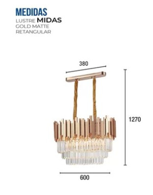 LUSTRE CRISTAL MIDAS RETANGULAR 60X30CM DOURADO FOSCO 6XE14 GERMANY 89531130 - 