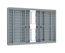 Janela veneziana de correr central 4 folhas móveis e 2 fixas com grade mosaico