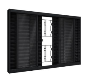 Janela veneziana de correr central 4 folhas móveis e 2 fixas preta com grade mosaico  100 x 150