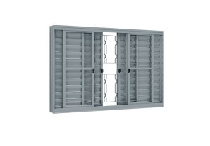Janela mecal veneziana de correr central 4 folhas móveis e 2 fixas com grade mosaico 120x100 