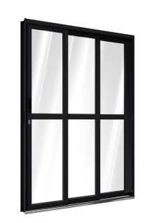 Porta de correr lateral preta com travessa 2 folhas móveis e 1 fixa 150 x 213  - 