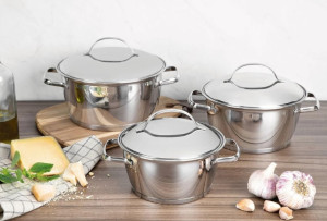 Jogo de Panelas Tramontina Allegra em Aço Inox com Fundo Triplo e Tampas de Inox 3 Peças - 