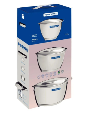 Jogo de Panelas Tramontina Allegra em Aço Inox com Fundo Triplo e Tampas de Inox 3 Peças