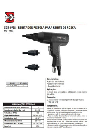 Rebitador Pistola Para Rebite De Rosca Com Rosca M6 a M10- Sigma SGT-0738 - Rebitador Pistola Para Rebite De Rosca Com Rosca M6 a M10- Sigma SGT-0738 2