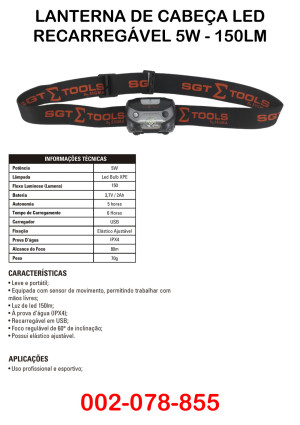 Lanterna de Cabeça Led Recarregável 5W - 150lm -Sigma - 