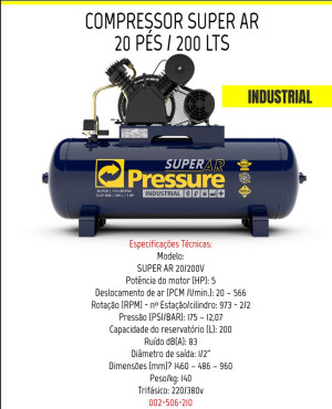 Compressor Super Ar 20 Pés 200 Litros  Industrial - 