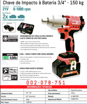 Chave de Impacto à Bateria 3/4 150kg - SGT 7501 - 