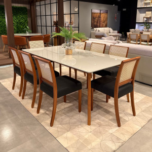 Conjunto Mesa Orit vidro e 8 Cadeiras Ravena
