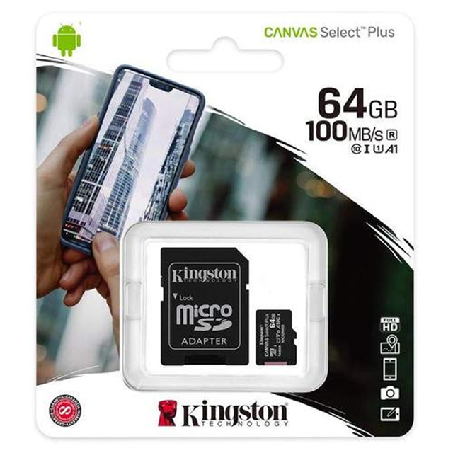 Micro SD Kingston 64GB Canvas Plus 100Mb/s Clase 10