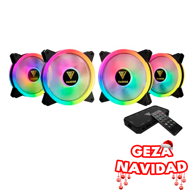 NAVIDAD Cooler Fan KIT Gamdias Aeolus M2-1204R Black ARGB (4x120mm + Controladora + Remoto)