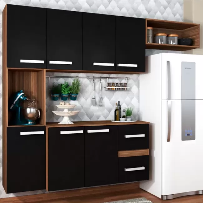 Cozinha Compacta 7 Portas 2 Gavetas Suspensa Armário e Balcão Jéssica Teka/Grafite - Panorama Móveis