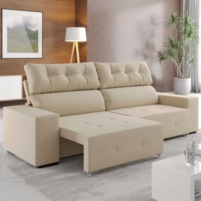 Sofá 4 Lugares Reclinável e Retrátil - Bege - Dalla Casa