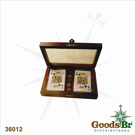 caixa madeira tampa vidro cartas e dados  19x12x4cm