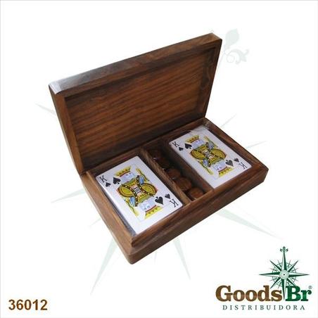 caixa madeira cartas e dados17x11x3,5cm