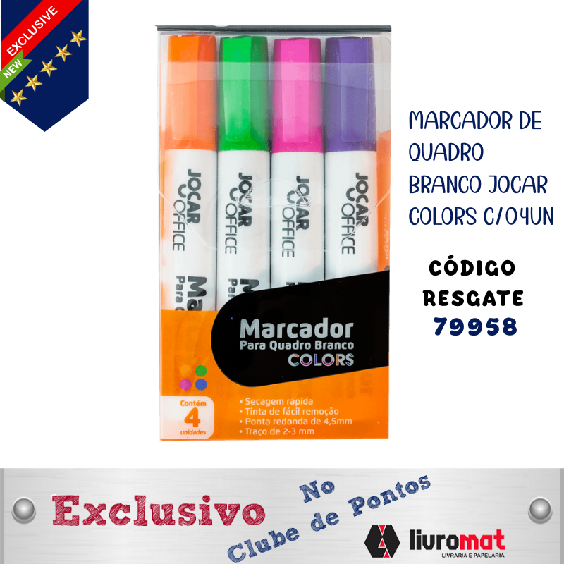 MARCADOR DE QUADRO BRANCO JOCAR COLORS C/04UN Código: 79958