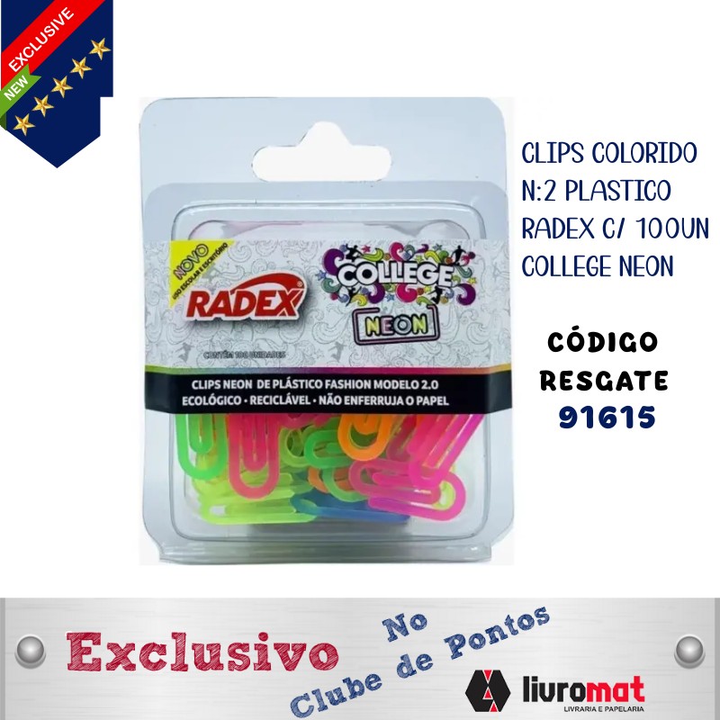 CLIPS COLORIDO N:2 PLASTICO RADEX C/ 100UN COLLEGE NEON