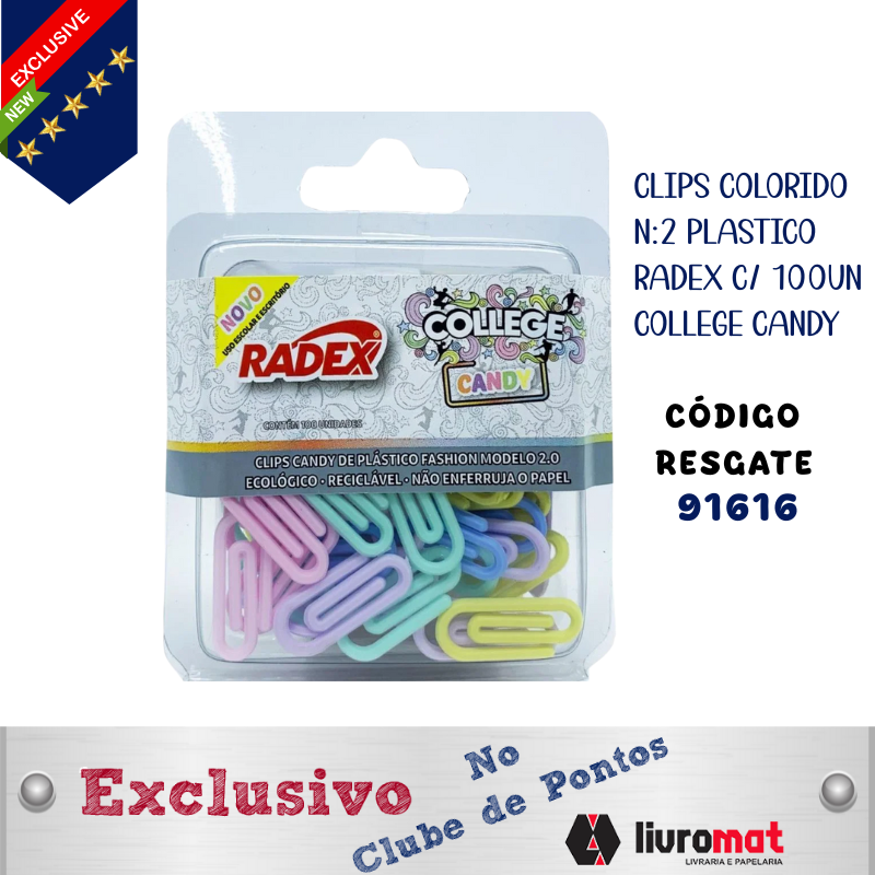 CLIPS COLORIDO N:2 PLASTICO RADEX C/ 100UN COLLEGE CANDY