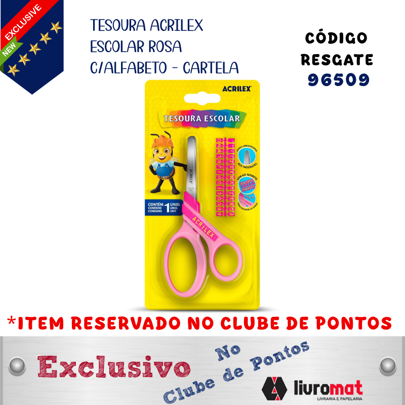 TESOURA ACRILEX ESCOLAR ROSA C/ALFABETO - CARTELA