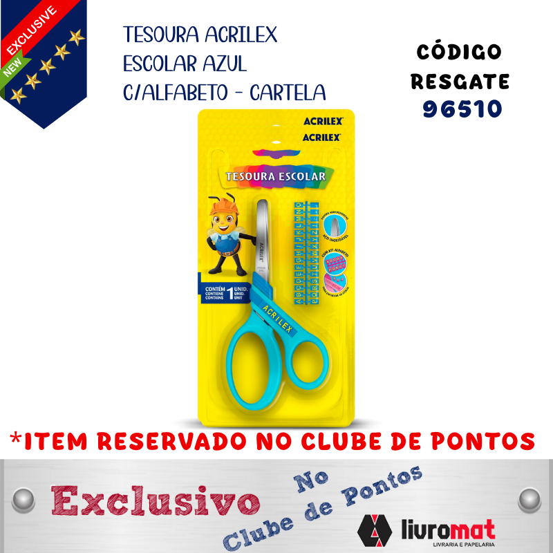 TESOURA ACRILEX ESCOLAR AZUL C/ALFABETO - CARTELA