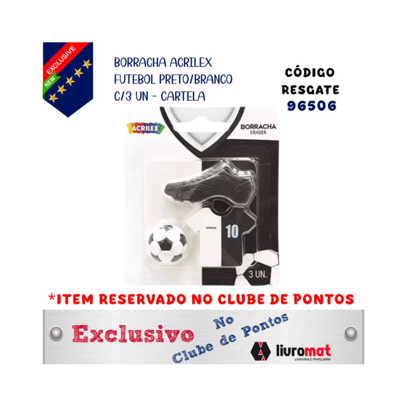 BORRACHA ACRILEX FUTEBOL PRETO/BRANCO C/3 UN - CARTELA