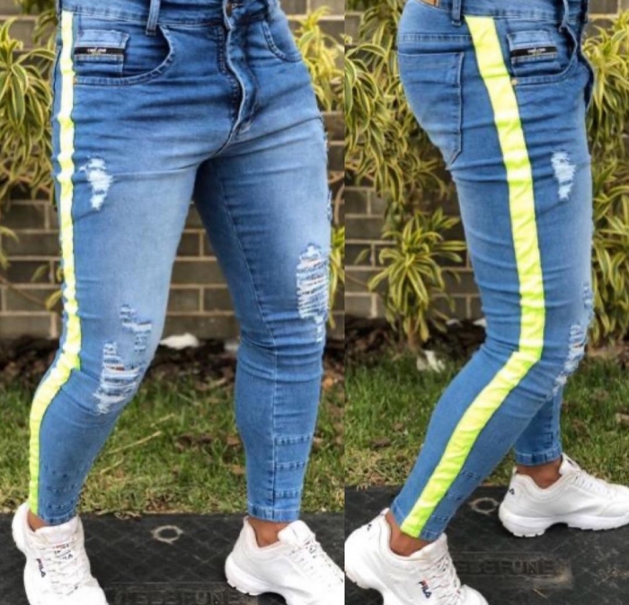 calça jeans com faixa lateral masculina