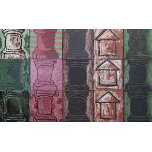<b>BEATRIZ MILHAZES - O Fantástico Encontra-se Nesta Posição (Díptico)</b><br><br>óleo s/ tela, ambos ass., sendo uma das partes dat. maio/1985 no verso (181 x 171 cm) e outra dat. junho/1985 e com etiqueta do Salão Nacional de Artes Plásticas no verso (182 x 121 cm)<br>182 x 293 cm (medida total)