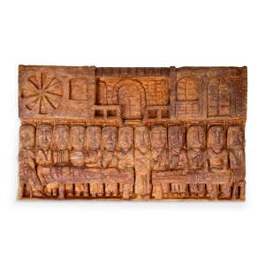 <b>SEU JADIR (JADIR JOÃO EGÍDIO) - A Santa Ceia</b><br><br>escultura em madeira, ass. inf. dir.<br>(Divinópolis – MG)<br>82 x 138 x 8 cm