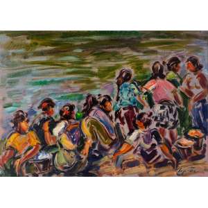 <b>SÉRGIO TELLES - Lavadeiras em Bali</b><br><br>óleo s/ tela, ass. inf. dir., ass., dat. 1998, tit. e sit. Bali no verso<br>46 x 65 cm