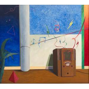 <b>GONÇALO IVO - O Espírito do Rádio</b><br><br>liquitex s/ chapa de madeira industrializada, ass., dat. 1981 inf. esq., ass., dat. 1981, tit. e com etiqueta do V Salão Nacional de Artes Plásticas da Funarte no verso<br>122 x 137 cm