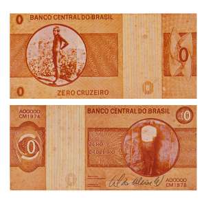 <b>CILDO MEIRELES - Zero Cruzeiro (Par)</b><br><br>impressão off-set s/ papel, ass., dat. 1974 sup. esq. e dat. 1978 inf. dir. Um exemplar reproduzido na p. 45 do livro Cildo Meireles, de Paulo Herkenhoff, Geraldo Mosquera e Dan Cameron (São Paulo: Cosac Naify, 1999); e na p. 79 do catálogo da exposição “Cildo Meireles”, realizada entre 2008 e 2010 na Tate Modern (Londres), Museu d’Art Contemporani de Barcelona (Espanha), The Museum of Fine Arts (Houston, Texas – EUA), Los Angeles County Museum of Art (Califórnia – EUA) e Art Gallery of Ontario (Canadá)<br>7,5 x 15,5 cm