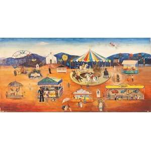 <b>NEWTON REZENDE - Carrossel</b><br><br>óleo e colagem s/ madeira, ass., dat. 1972 e sit. Colubandê inf. esq. catalogado com o n. BR 5000 da Galeria Bonino. 39,5 x 80 cm