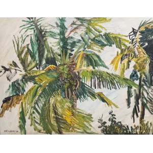 <b>JOSÉ CLÁUDIO - Coqueiro</b><br><br>óleo s/ chapa de madeira industrializada, ass. e dat. 1980 inf. esq. 60 x 80 cm