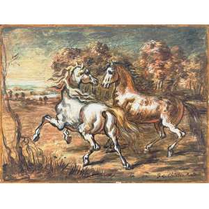 <b>DE CHIRICO, Giorgio - Cavalli Presso um Bosco</b><br><br>óleo s/ tela, ass. inf. dir. e com inscrição “questa pittura Cavalli presso un Bosco e opera autentica da me eseguita e firmata Giorgio Chirico” no verso - Procedência: ex-coleção Carlos Alves de Souza (Embaixador do Brasil em Roma entre 1950 e 1955) - - acompanha: - - - duas cartas relacionadas à inclusão da obra no catalogue raisonné do artista; - - recibo de venda da obra, emitida pela Galeria Sco. Giacomini Antichità para o Embaixador, na qual consta a observação de que “ a pintura foi mostrada ao pintor De Chirico, que a reconheceu como uma obra original executada ou finalizada por ele” - 30 x 40 cm