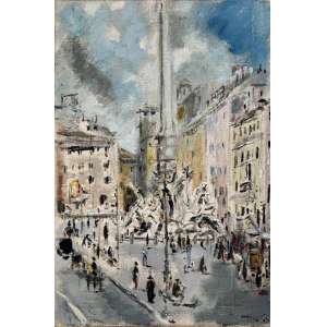 <b>FILIPPO DE PISIS - Piazza Navona</b><br><br>óleo s/ tela, ass., dat. 1938 inf. dir. e com vestígios de etiqueta da Biblioteca (…) Testiana Mostra d’Arte no chassi - 74,5 x 50,5 cm