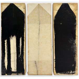 <b>MALU FATORELLI - Tríptico</b><br><br>óleo e cera s/ tela, todos ass. e dat. 2006 no verso e com carimbo da artista na parte lateral - 30 x 10 cm (cada)