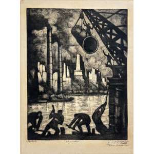 <b>QUINQUELA MARTÍN, Benito - Dia de Trabajo</b><br><br>gravura em metal (água-forte) impressa s/ papel, ass., com dedicatória dat. noviembre 1941 e sit. B.A. inf. dir., tit. centro inf. e com a indicação “água-fuerte” inf. esq. - MI 64,5 x 50 cm / ME 78 x 56,5 cm