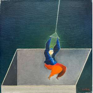 <b>FERNANDO COELHO - O Equilibrista</b><br><br>óleo s/ tela, ass., dat. 1976 inf. dir., ass., tit. e sit. Rio no verso - 30 x 30 cm